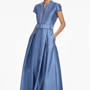 Sachin + Babi Blue Pleated Maxi Dress with Mandarin Collar